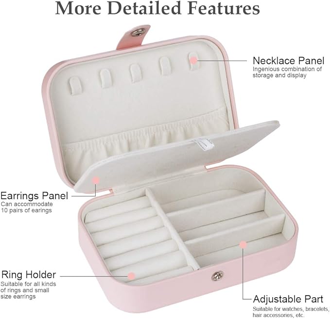 jiemei Jewelry Box, Travel Jewelry Organizer Cases with Doubel Layer for Women’s Necklace Earrings Rings and Travel Accessories(Pink)