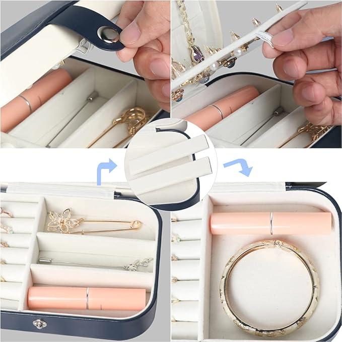 Travel Jewelry Box, Small Jewelry Organizer Boxes for Women Girls, 2 Layer Travel Jewlery Case, PU Leather Mini Portable Jewerly Storage Display Holder for Earrings, Ring, Necklaces, Bracelets - Blue