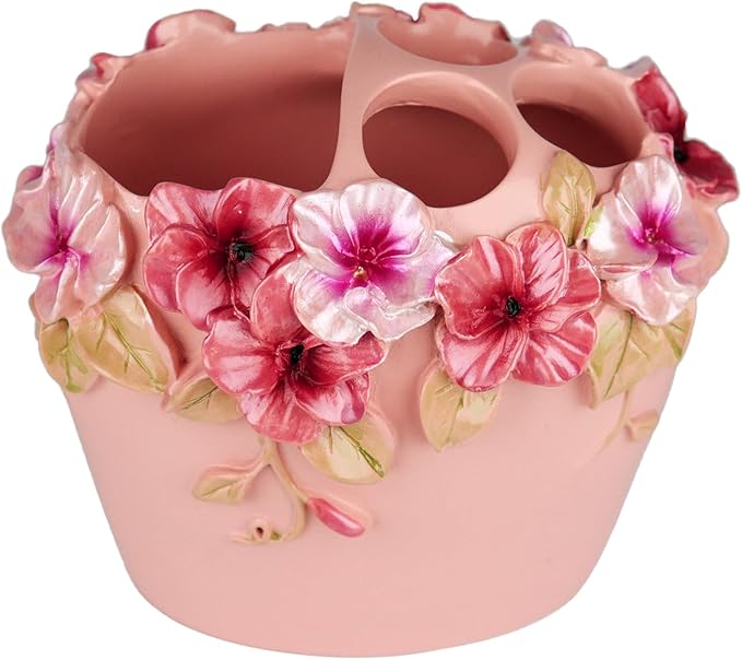 Vintage Bathroom Accessories Set with Flower Decor - Resin -Lotion Hand Soap Dispenser and Toothbrush Holder, 2pcs Pink Bathroom Accessory Set