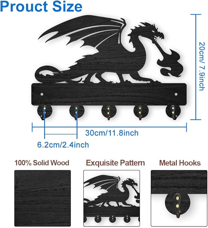 MAYJOYDIY Dragon Coat Rack Wall Mount Wood Fire Dragon Key Holder for Wall 11.8×7.9inch Dragon Spitting Fire Key Rack 5 Alloy Hooks Decorative Key Hanger for Entryway Room Front Door Gift