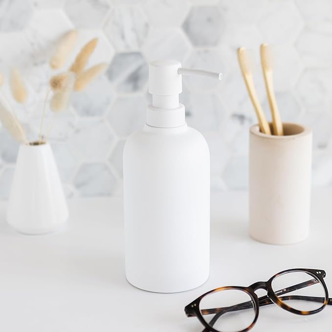 Matte White Round Soap Dispenser for Kitchen & Bathroom – 15 oz Refillable Resin Pump Bottle for Dish Soap, Hand Soap, Shampoo, Conditioner – Modern Countertop Dispenser with Non-Slip Protective Pads