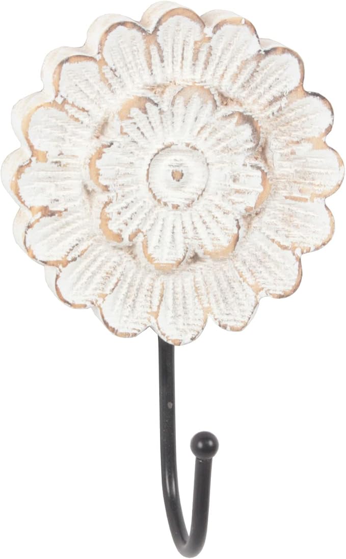 Distress Wood Flower Coat Hooks for Wall Hanging, Single Small Vintage Decorative Hanger for Keys, Bags, Towels (Long Hanger)