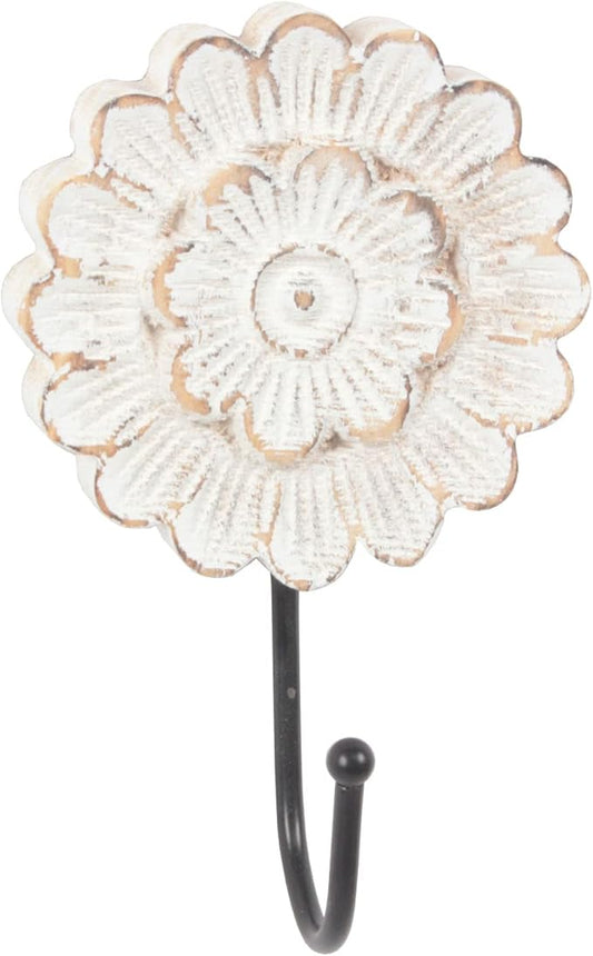 Distress Wood Flower Coat Hooks for Wall Hanging, Single Small Vintage Decorative Hanger for Keys, Bags, Towels (Long Hanger)