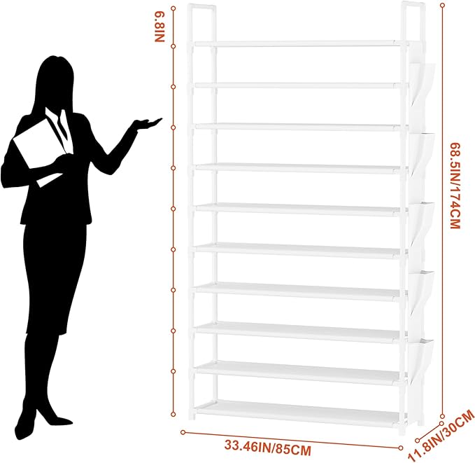 Tall Shoe Rack 10 Tier Shoe Racks Organizer for Closet 40-45Pairs,Large Capacity Storage Rack for Shoes with 5Hooks,Sturdy Metal Shoe Shelf, Vertical Shoe Stand Tower