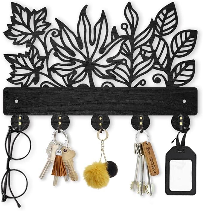 MAYJOYDIY Leaves Coat Rack Wall Mount 11.8×7.9inch Wood Leaves Plants Wall Art Decor Nature Tree Key Holder for Wall 5 Alloy Hooks Black Hook Rack Hat All Hook for Entryway Living Room Bedroom Gift