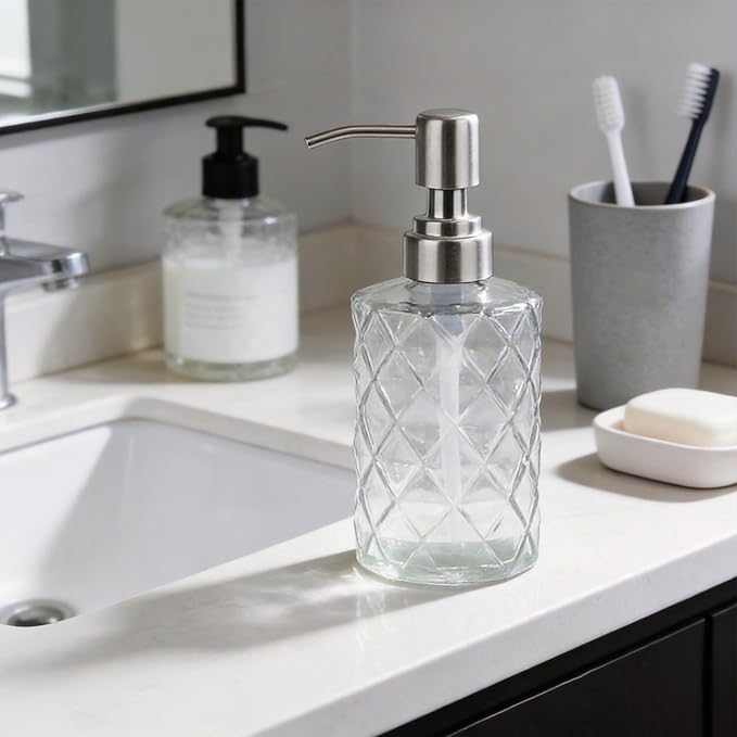 12Oz Clear Glass Soap Dispenser with Stainless Steel Pump, Refillable Kitchen Liquid Hand Soap Dispenser with Diamond Design, for Dispense Hand soap, Dish Soap, Lotion, Bathroom, Countertop, Hotel