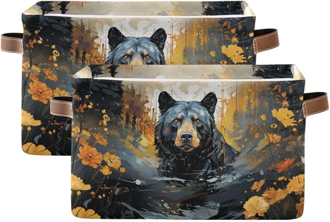 Storage Basket Black Bear in The Forest Durable Canvas Collapsible Toy Box Organizer Bin with Handles for Shelf Closet Bedroom Home Office
