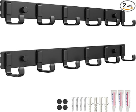 16-Inch Wall Mount Coat Rack with 6 Hooks, Compact Hooks for Hanging Coats, Hats, Jacket, Bags and Purses in Entryway, Bedroom, Bathroom or Closet, Install with Strong Glue or Screws (2-Pack)