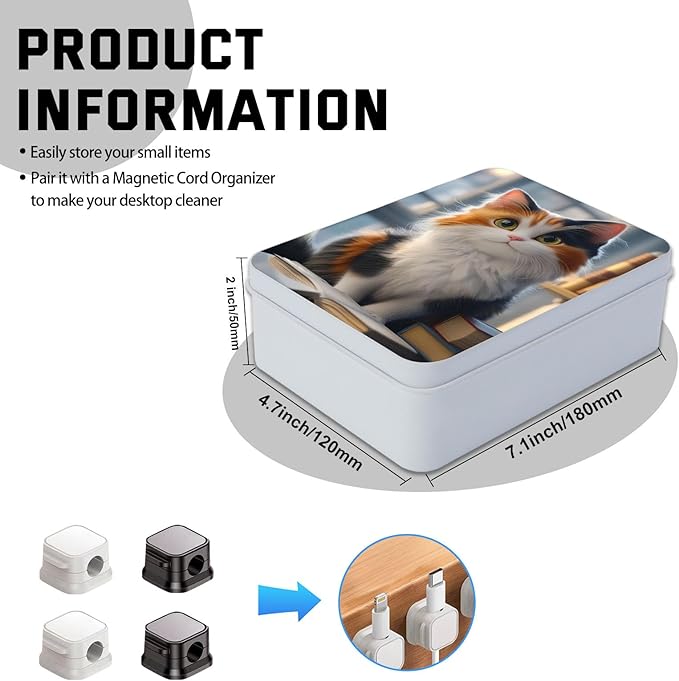 Metal Tin Box with Lid,Multi-functional Storage Large Box Can Store Tea Biscuits Game Cards, Playing & Tarot Cards-Comes with 4 Magnetic Cord Clips,Calico Cat with Books