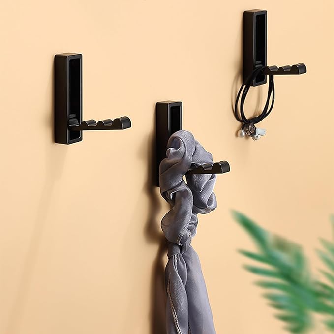 4PCS Folding Coat Hooks, Heavy Duty Wall Hooks Made of Zinc Alloy with Fixing Accessories, Foldable Wall Hooks for Hanging Clothes, Keys, Towels (Black)