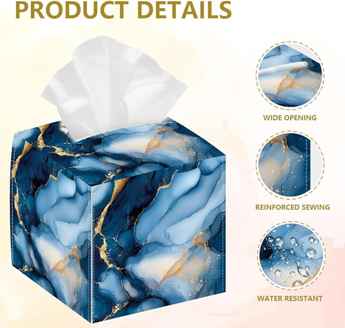 Blue Marble Tissue Box Holder, Square Tissue Box Cover Foldable Tissue Storage Box Waterproof Paper Towel Case Container Organizer Tissue Box Holder for Bedroom Office Car