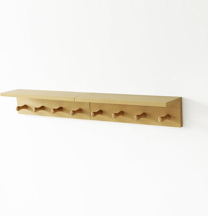 Entryway Coat Rack Hooks with Shelf, Sturdy Wooden Floating WallOrganizer Shelf with 4 Hooks siutable for Entrance, Mudroom, Kitchen, Bathroom,.etc(2pc-Oak Finish)