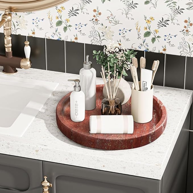 Natural Travertine Tray for Bathroom Countertop & Coffee Table, Round Stone Serving Dish with Marble Finish (Red, 9.84")