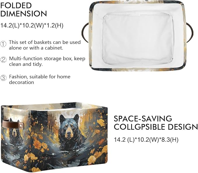 Storage Basket Black Bear in The Forest Durable Canvas Collapsible Toy Box Organizer Bin with Handles for Shelf Closet Bedroom Home Office