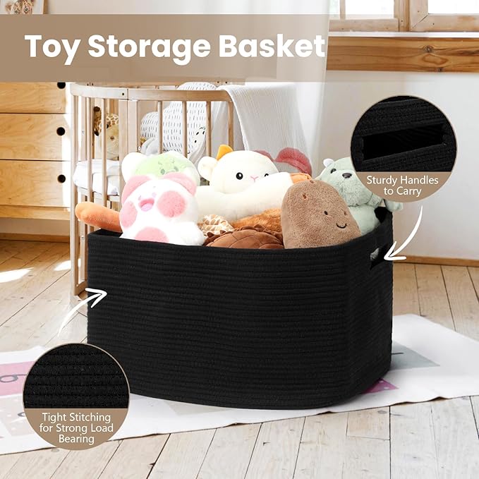 75L Blanket Basket, Large Woven Baskets for Storage, Blanket Storage for Living Room, Rope Basket with Handles for Bedroom, Nursery, Toys, Clothes, 22â x 17â x 11.5â, Black