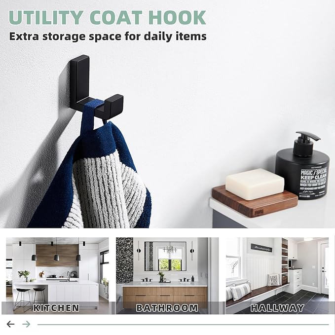 APLusee Robe Towel Hook, SUS 304 Stainless Steel Modern L Shape Practical Coat Hook, Utility Shower Towel Hanger for Bathroom Kitchen Home Storage (Matte Black)