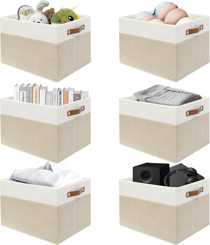 SNWDN 6 Pack Fabric Storage Baskets for Organizing Collapsible Fabric Storage Bins with Handles for Home organization and storage (White/Beige 15''Lx10.2''Wx9''H)
