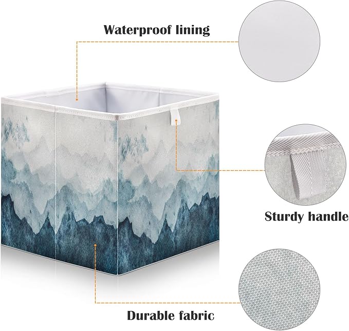 Blueangle Blue Watercolor Mountains Cube Storage Bin, 11 x 11 x 11 in, Large Collapsible Organizer Storage Basket for Home Décor