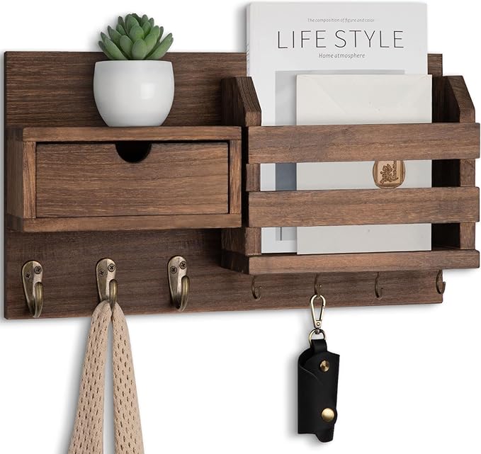 Wall Mount Key Holder with Mail Organizer, 100% Paulownia Wood, 7 Metal Hooks, Storage Drawer, Entryway Home Decor (Brown)