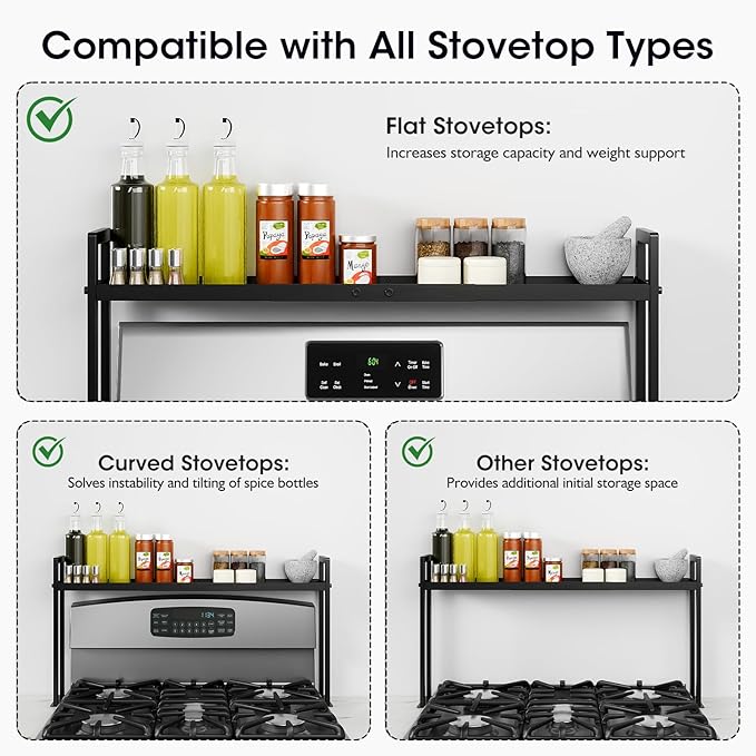 Bumusty Adjustable Stove Top Shelf,Over Shelf for Stove â Expandable 4-Level Spice Rack & Kitchen Organizer, Anti-Slip Metal Construction, 27"â33" Length, 11"â14" Height, Black