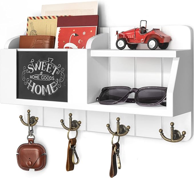 Rebee Vision Key and Mail Organizer Wall Mount - Decorative White Key Holder for Wall – Rustic Home Decor