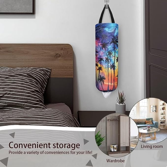 Hanging Plastic Bag Holder Dispenser Set of 2 Reusable Wall Mount Hanging Plastic Bag Storage Organizer for Grocery Bags,Tropical Palm Tree