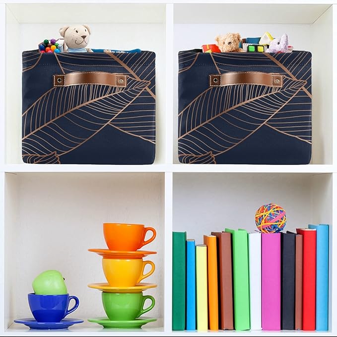 susiyo Gold Palm Leaves Navy Blue Closet Storage Bins with PU Handles, Foldable Fabric Storage Baskets for Shelves, Decorative Baskets Clothes Storage Baskets for Organizing-2Pack