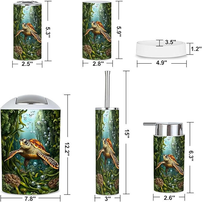 6 Piece Bathroom Accessories Set Dynamic Sea Turtle Tale Bubbles Kelp Vibrant Colors Trash can Toilet Brush Holder Toothbrush Holder Toothbrush Cup Soap Dispenser Soap Dish for Home