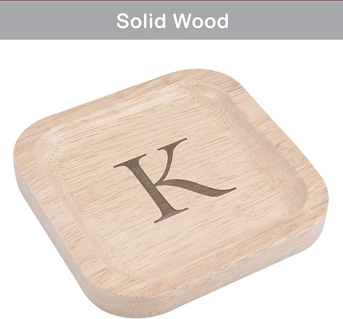 I'm Wooden Personalized Letter Catchall Valet Tray Trinket Dish Jewelry Tray Key Bowl Decorative Plate Organizing Ring Earrings Necklaces Bracelet Watch Coins Wallet Holder (6"x6" Sq Natural K)