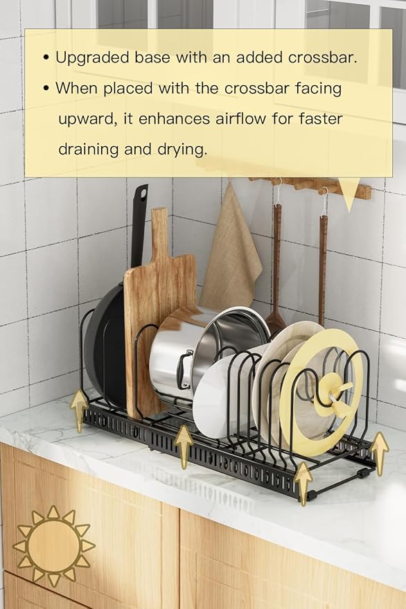 Pot and Pan Organizer for Cabinet & Drawer, Expandable Pan and Lid Rack with Handle Support Bar, Adjustable Cookware Storage for Pots, Lids, Bakeware
