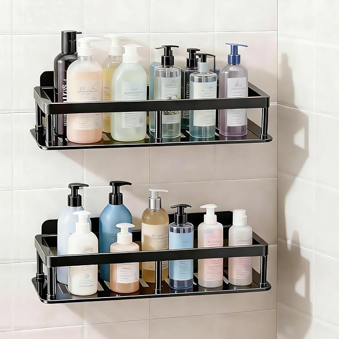 ACEXINYAN Shower Caddy Adhesive, Self-Adhesive Bathroom Shelves Basket, 2 Pack Large Capacity Shower Shelve for Inside Shower, No Drilling Bathroom Organizers and Storage for Home Decor (2, Black)