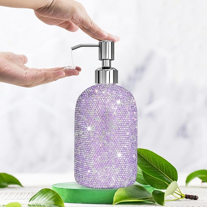 SlowVibes 18Oz Bling Purple Glass Soap Dispenser With Rust Proof Stainless Steel Pump,Refillable Liquid Hand Wash Bottle For Bathroom Kitchen,Sparkle Decorative Rhinestone Shower Lotion Dish Dispenser