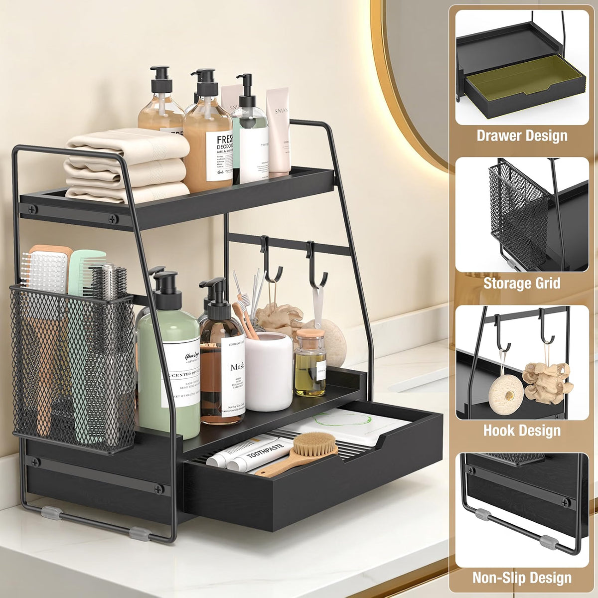 2-Tier Bathroom Counter Organizer with Drawer, Wood Counter Storage Shelf