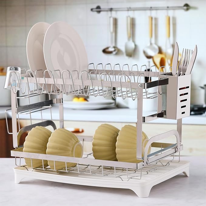 LemonRoad 2 Tier Dish Drying Rack Set Large Capacity Stainless Steel Dish Drainer Rack for Kitchen Counter Removable Plate Strainer Shelf with Drain Board Utensil Holder Drain Spout Cup Holder, Sliver