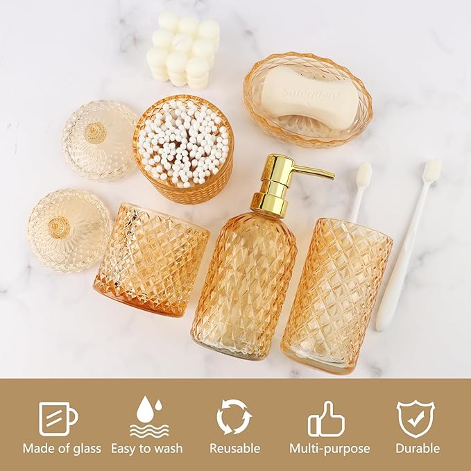 5Pcs Clear Gold Bathroom Accessories Set,Glass Bathroom Accessory Set, Bathroom Counter Sink Toothbrush Holder Set Includes Hand/Lotion Soap Dispenser & Tumbler & Soap Dish & Qtip Holders