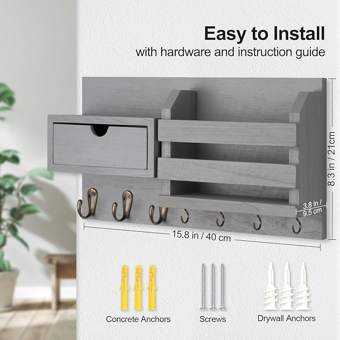 Wall Mount Key Holder with Mail Organizer, 100% Paulownia Wood, 7 Metal Hooks, Storage Drawer, Entryway Home Decor (Gray)