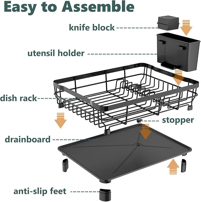 Iron Dish Drying Rack with Drainboard Dish Drainers for Kitchen Counter Extendable Spout Strainers with Utensil Holder and Knife Slots, Grey