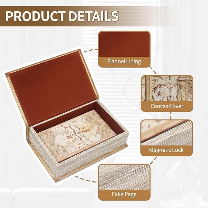 Decorative Book Boxes Set,Magnetic Lock Faux Wooden Storage Book Box Set of 2,Coffee Table Books Decor Retro Style Fabric Cover,Hidden Storage Secret Keepsake,Jewelry Trinket,Cash