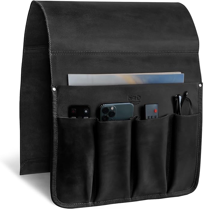 Hide & Drink, Magazine Holder for Sofa Armrest, Organizer Pouch, Armchair Caddy, Full Grain Leather, Handmade (Charcoal Black)