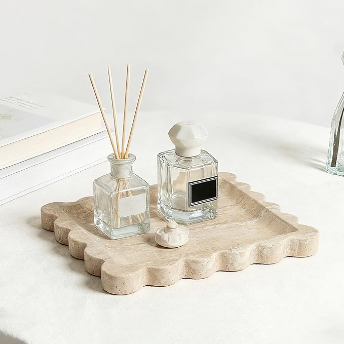 Elegant Square Marble Decorative Tray with Scalloped Edge Natural Stone Vanity Tray Organizer for Counter, Vanity, Dresser, Nightstand, Bathroom & Kitchen Sink(Beige Travertine)