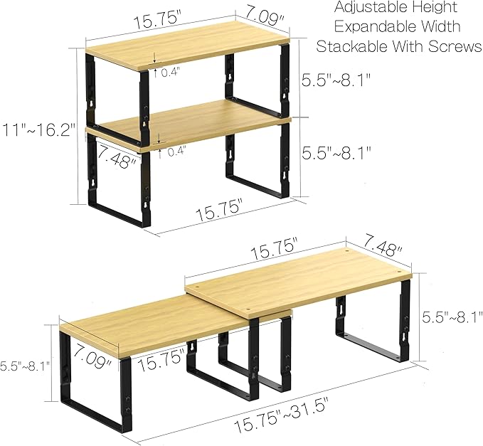 Expandable Kitchen Cabinet Organizer Shelves â Stackable Adjustable Metal and Wood Storage Racks for Countertop, Pantry, Garage Set of 2 Spice Rack â Easy Assembly, Space-Saving(2 Packs/Large/Black)