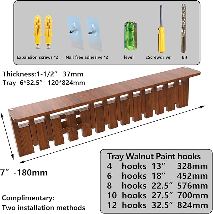 Wall Mounted Coat RackHooks Piano Key Hangers Natural Solid Wood Hanger Non-Woven Fabric Clothes Hangers for Closet, Kitchen, Bedroom, Bathroom, Entryway (Tray Walnut-Beech, 4 Hooks)