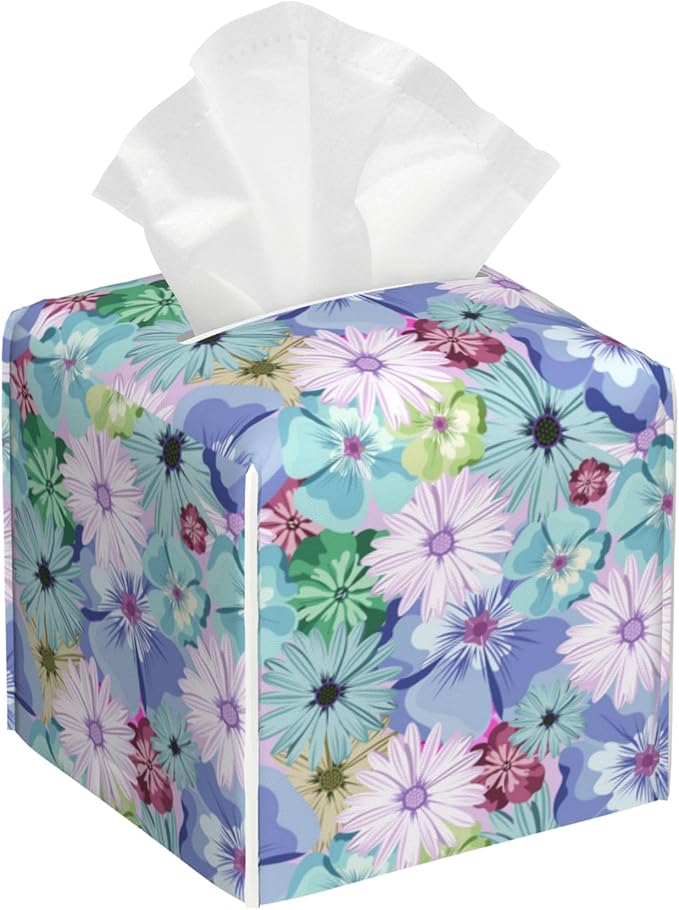 Tissue Box Cover Colorful Daisy Flowers Leather Tissue Box Holder Cube Paper Case Cover Facial Paper Organizer Dispenser for Bathroom, Vanity Countertop, Office Desk