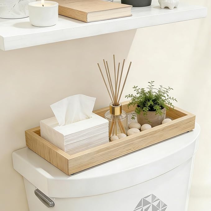 Small Bathroom Countertop Wooden Tray Set of 4 for Vanity and Toilet Tank, Stackable Desk Drawer Organizer, Wood Color