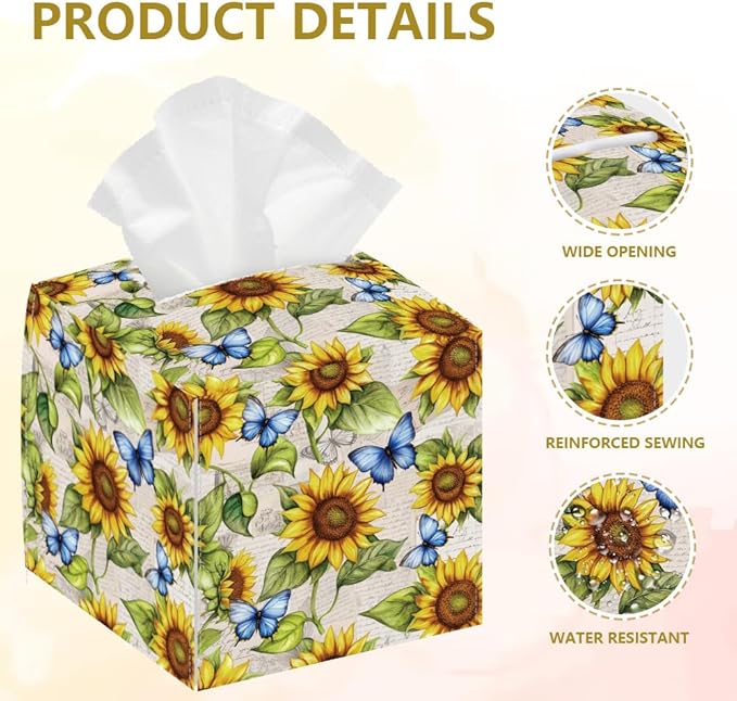 Sunflowers Tissue Box Holder, Butterflies Square Tissue Box Cover Foldable Tissue Storage Box Waterproof Paper Towel Case Container Organizer Tissue Box Holder for Bathroom Car Nightstand