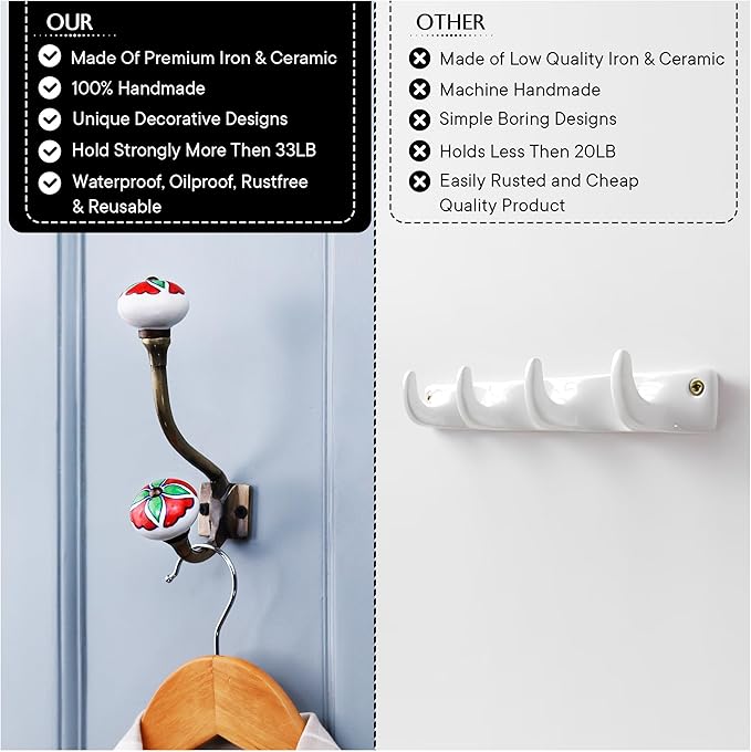 Indian Shelf Pack of 6 Heavy Duty Double Prong Multicolor Decorative Coat Hooks Unique Coat Rack Wall Mount Ceramic Wall Hooks for Hanging Towel Holder Backpack Purse Hanger- Style 10