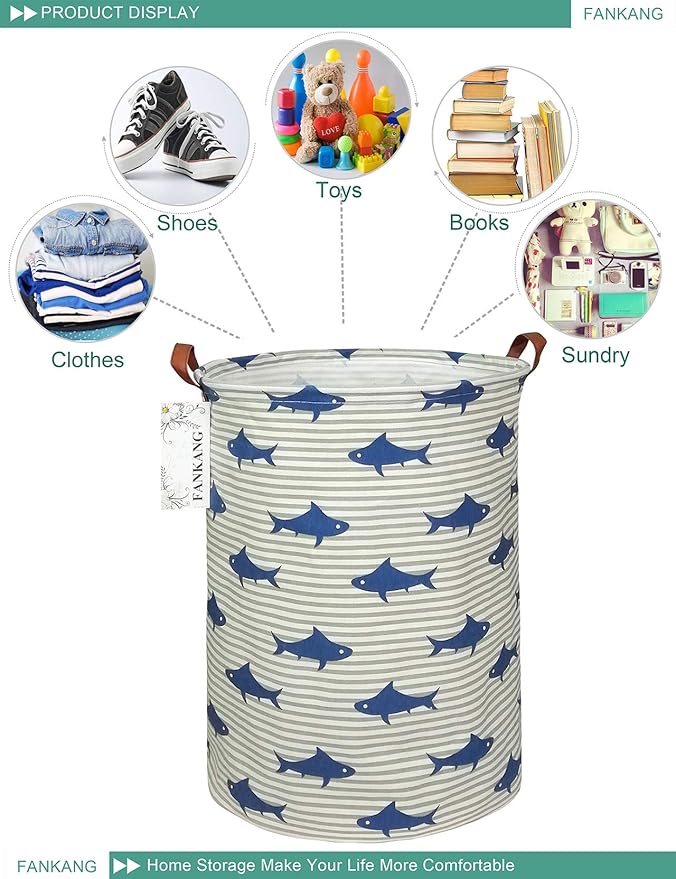 FANKANG Storage Basket, Nursery Hamper Canvas Laundry Basket Foldable with Waterproof PE Coating Large Storage Baskets for Kids Boys and Girls, Office, Bedroom, Clothes,Toysï¼Sharkï¼