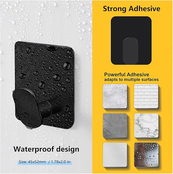 Adhesive Towel Hooks for Bathroom, 4-Pack Matte Black Stainless Steel Wall Hooks, Heavy-Duty No-Drill Adhesive Hooks for Towels, Coats, Jackets, Kitchen, Shower, RV & Apartment Decor