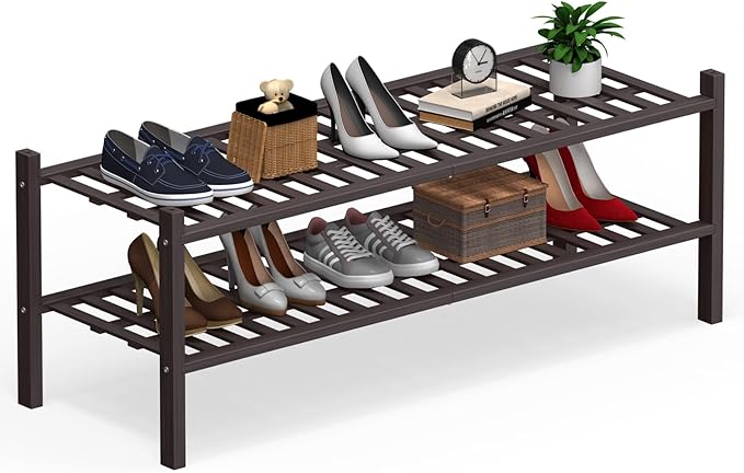 Haddockway Long 2 Tier Bamboo Shoe Rack Storage Organizer, Multifunctional Free Standing Stackable Shoe Shelf with Grid Panel for Closet,Hallway,Entryway,Small Space 34.2"x11"x13"