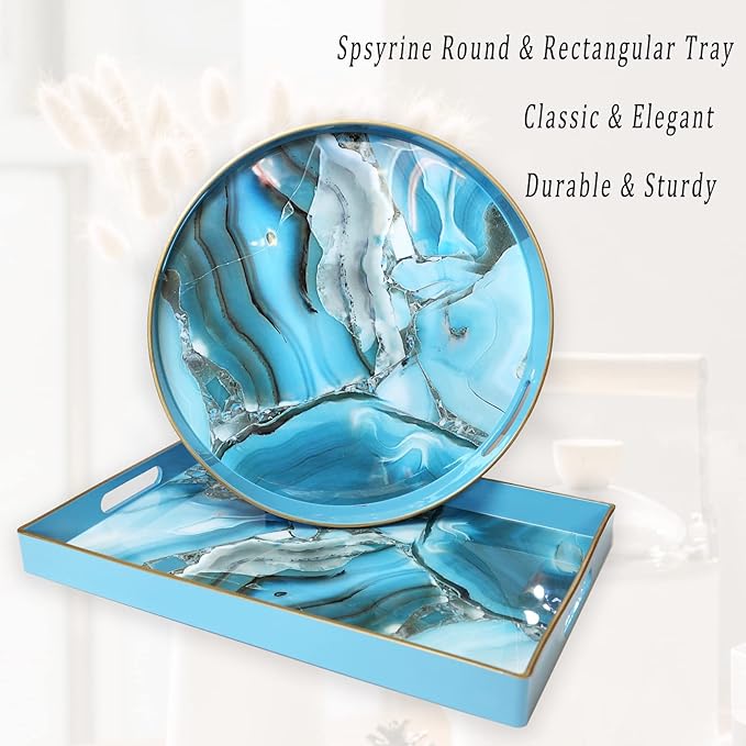 Spsyrine Decorative Tray, Plastic Marble Serving Tray with Handles for Breakfast, Ottoman, Coffee Table, Bathroom, Kitchen, Living Room 15.6â X 10.2"